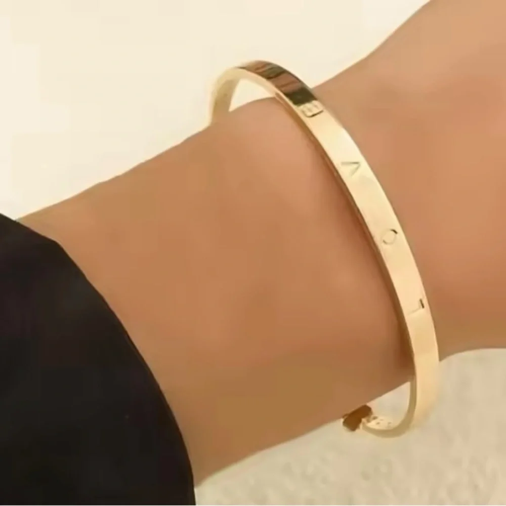 Minimalist LOVE Cuff Bangle Bracelet | Gold Tone Open Bangle | Stackable Jewelry